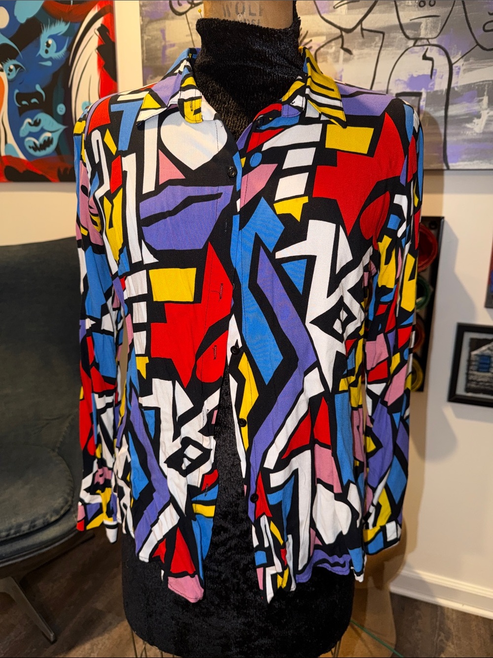 Vibrant Multicolor Geometric Button-Front Blazer Jacket